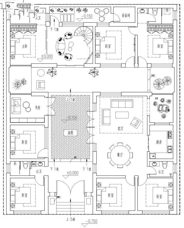 　別墅設(shè)計(jì)：一層緊湊型四合院，面積利用率高，適合在農(nóng)村地區(qū)修建。